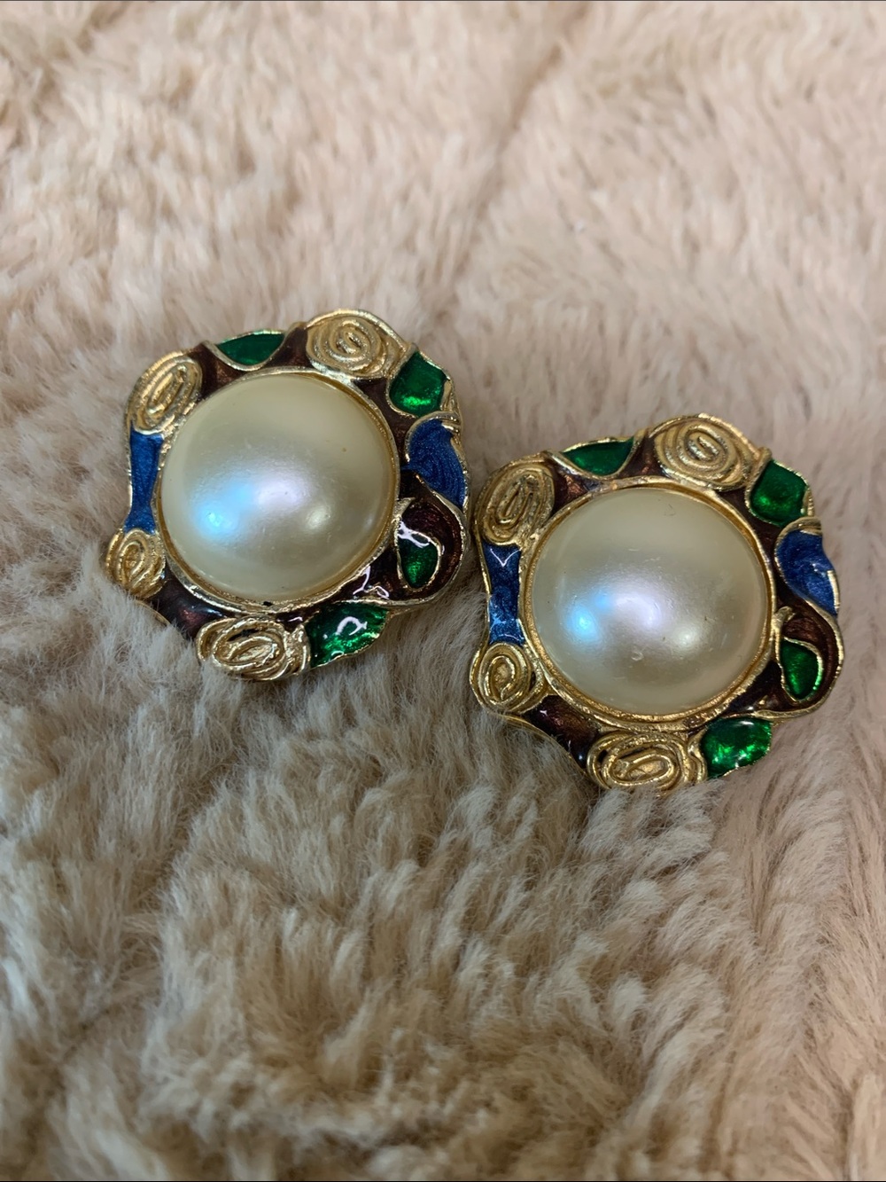 Vintage Gold-Tone Faux Pearl Earrings with Blue & Green Enamel